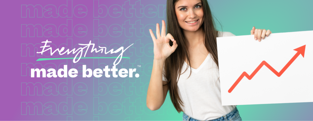 Girl making the "OK" sign holding an upward trend graph