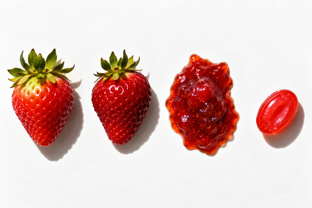 Line of strawberries from ripe, to puree, to candy